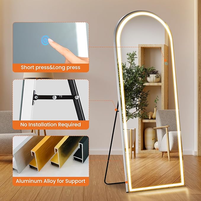 NEWBULIG 71"x26" Arched Full Length Mirror with Light, 3 Color Lighting Full Body Floor Mirror with Aluminum Alloy Thin Frame, Wall or Standing Mirror for Bedroom, Living Room, Dressing Room, White
