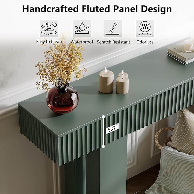 63-Inch Long Entryway Console Table with a Fluted Design, Thick Wood Farmhouse Sofa Table Behind Couch, Narrow Hallway Accent Table for Living Room, Foyer, Entrance,Green