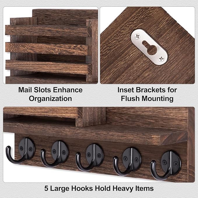 Lwenki Key Holder for Wall – Decorative Wooden Mail Holder and Key Shelf with Mounting Hardware, Installation Guide – Paulownia Wood with Metal Key Hooks (Brown, Large - 11.8inch)