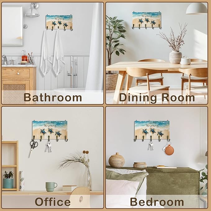 Sea Turtle Gifts Key Holder for Wall 10"x5.12", Gifts for Turtle Lovers Key Hanger Wall Mount, Trust The Journey Coastal Beach Wooden Hanging Keys Holder Decor for Entryway Beach House