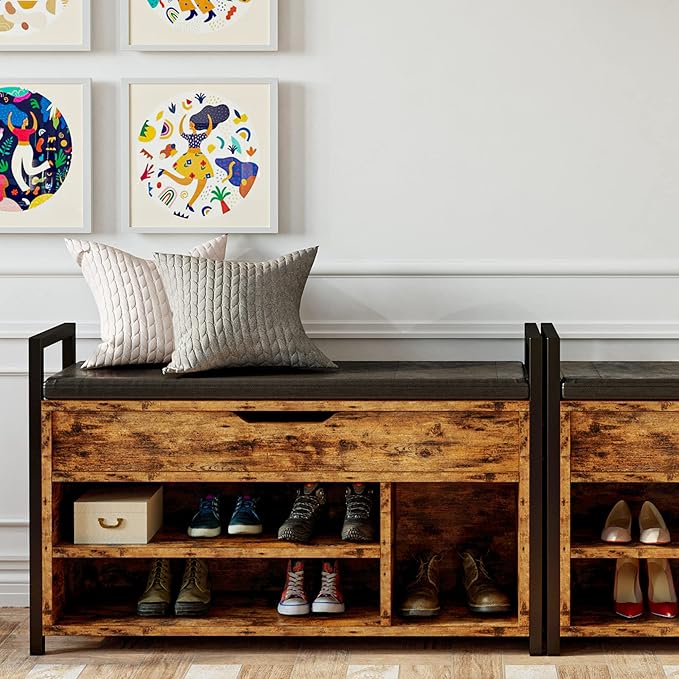 IRONCK Shoe Storage Bench, Entryway Bench with Lift Top Storage Box, Metal and Board Bench for Entryway, Two Tier Shoe Rack Organizer for Entryway, Hallway, Industrial, Vintage Brown