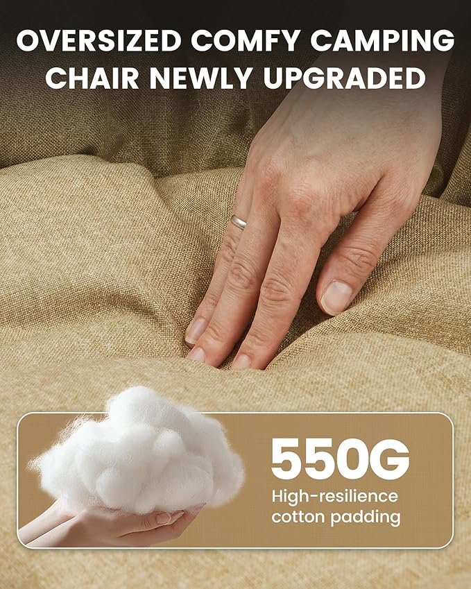Upgrade Oversized Padded Camping Chair with Adjustable Cup Holder,Weight Capacity 400 LBS,Built-in Comfy Foam Armrest Supports,Heavy Duty Moon Leisure Folding Chair for Camping, Beige(2 Pack)