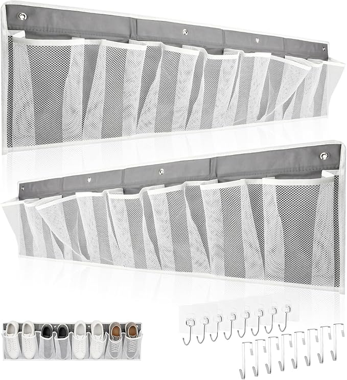 2 PCS RV Shoe Storage Organizer with 16 Pockets, Wall Hanging Pocket Organizer for Camper Bedside Closet Entryway, Space Saving Wall Hanging Includes 8 Hooks & 8 Adhesive Pads