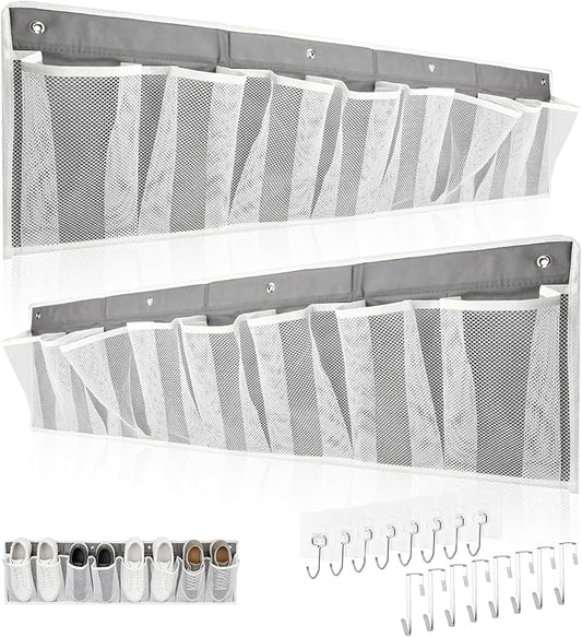 2 PCS RV Shoe Storage Organizer with 16 Pockets, Wall Hanging Pocket Organizer for Camper Bedside Closet Entryway, Space Saving Wall Hanging Includes 8 Hooks & 8 Adhesive Pads