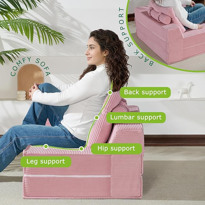 Folding Sofa Bed, 4 in 1 Convertible Sleeper Chair with Pillow, Standard Memory Foam Fold Out Chair Bed, Modern Floor Futon Sofa Couch Mattress for Living Room/Guest/Apartment, Pink