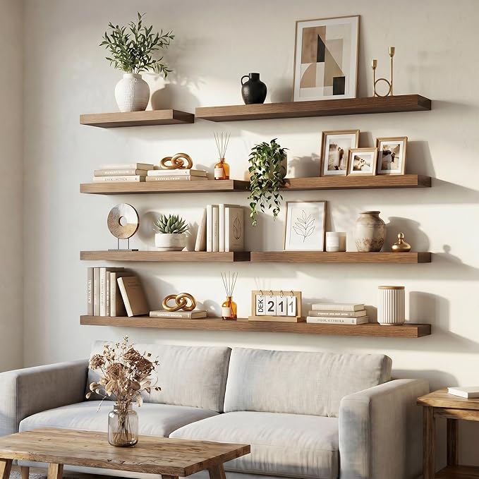 Venusmiles Floating Shelves for Wall, 32 Inch Floating Shelves Set of 2, 6.5" D Wooden Wall Mounted Display Shelves with Invisible Brackets for Living Room, Bedroom, Bathroom, Kitchen Decor, Walnut