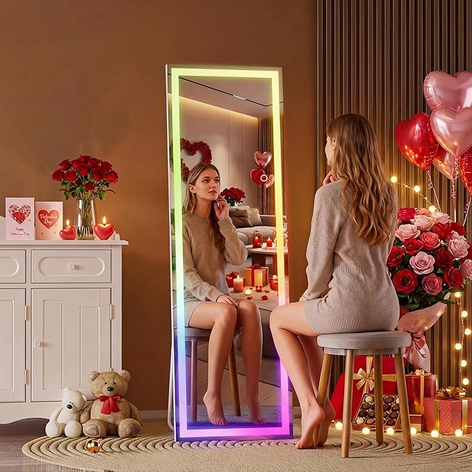 Hasipu 56"x15.7" LED RGB Full Length Mirror with Lights, Full Body Mirror with Stand, Wall Mount & Free Standing Floor Mirror for Bedroom Living Room Cloakroom, 7 Color & Brightness Adjustable