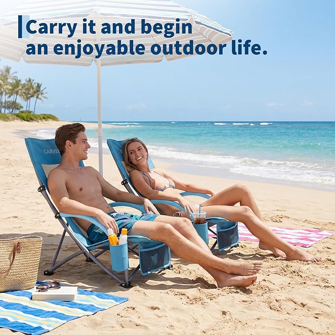 Garvee High Beach Chair, Folding Portable Beach Chairs for Adults, Lightweight Extra Wide Seat Chair with Cup Holder, Storage Pocket & Carry Bag for Camping, Beach, Travel