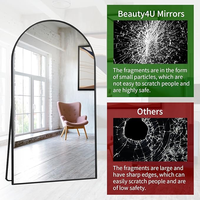Beauty4U 76" x 37" Arched Full Length Mirror with Stand, Large Floor Mirror for Bedroom & Living Room, HD Tempered Glass Wall Mounted or Leaning Dressing Mirror, Black Metal Frame
