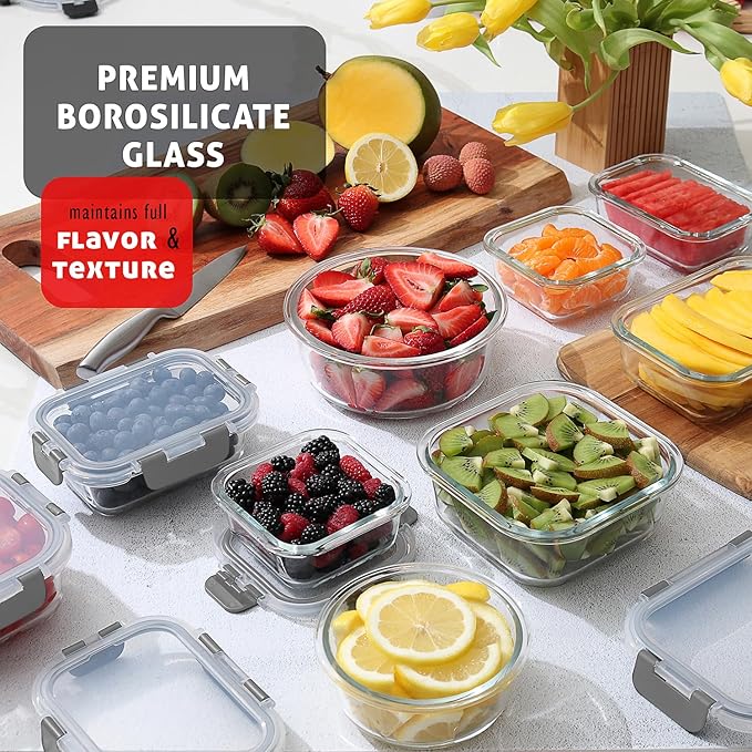 Nestl 48pc Glass Storage Containers with Lids, 24 Glass Food Storage Containers with 24 Airtight Lids for Pantry & Kitchen, Meal Prep Containers for Lunch, Oven Microwave & Dishwasher Safe, Gray