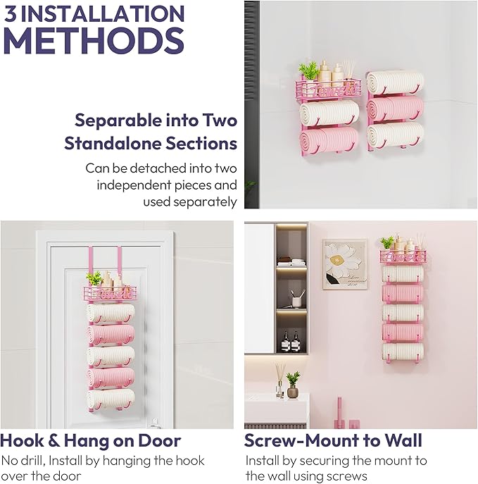 SWTYMIKI Hanging Towel Racks for Bathroom - 9 Tier Over the Door & Wall Mounted Bath Rolled Towel Storage for Women Girl, Door Towel Organizer Holder for Small Bathroom, RV, Camper