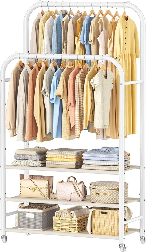 HOMIDEC Double Rods Clothes Rack Clothing Rack with 3 Tier Storage Shelves Clothes Rack for Hanging Clothes Multifunctional Heavy Duty Clothes Organizer for Bedroom,Wardrobe Closet,Shop,White