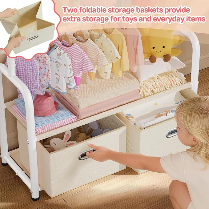 Kids Clothes Rack with 2 Tier Storage Racks and 2 Adjustable Hanging Poles, Small Baby Closet Organizer for Hanging Clothes, Kids Dress-Up Rack (Upgrad, White)