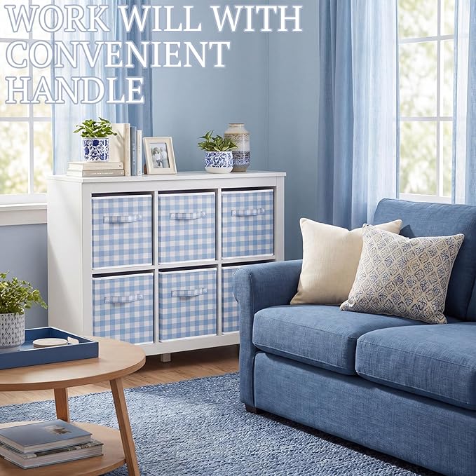 Yalikop 6 Pcs Blue Checkered Cube Storage Bins, 11 Inch Fabric Gingham Classroom Storage Bins Organizer with Handle Preppy Collapsible Cubby Basket for Classroom Home Nursery Playroom Bedroom
