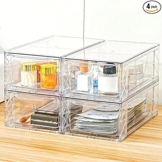 4 Pack Acrylic Storage Drawers, Clear Stackable Storage Drawers, Acrylic Organizers Drawers for Under Sink, Pantry, Bathroom, AcrylicStorage Containers for Makeup Organizers Cosmetic Display, Medium