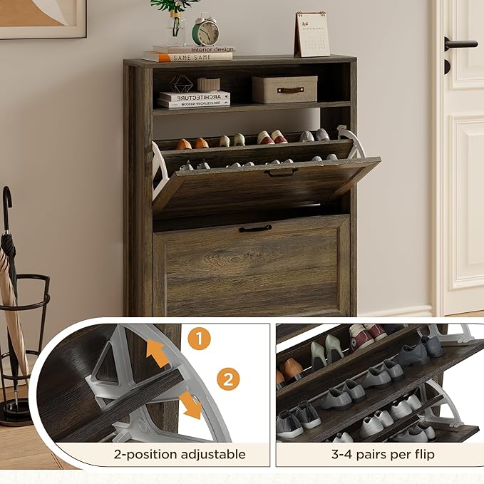 LOUVIXA Shoe Cabinet with 2 Flip Drawers, Narrow Shoe Storage Cabinet, Freestanding Shoe Cabinet Organizer, Hidden Shoe Rack Cabinet for Entryway, Hallway (2-Drawers, Brown/2-drawers)
