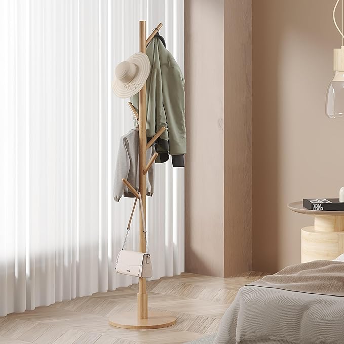 VECELO Coat Rack Freestanding, Entryway Hanger Stand, Umbrella Holder, Hall Tree With Hooks, Floor Standing Metal Tree Stand,Light Wood