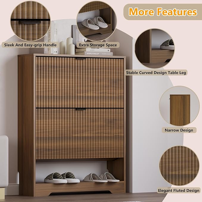 BORNOON Shoe Cabinet with 2 Flip Drawers, Fluted Shoe Storage Cabinet with Adjustable Shelves, Freestanding Rack and Organizer for Entryway, Closet, Hallway