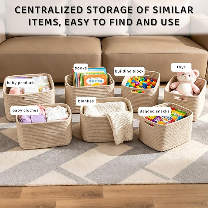 4 Pack Large Storage Baskets for Organizing, 16''Lx12''Wx8''H Woven Baskets for Storage Toys, Towels, Books, and Clothes, Cotton Rope Basket for Shelves with Handle