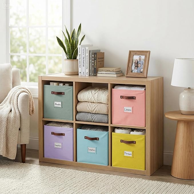 DECOMOMO Storage Bins, Cube Storage Bin with Labels, Fabric Storage Cubes for Shelves (10.5" x 11" / 6pcs, Rainbow)