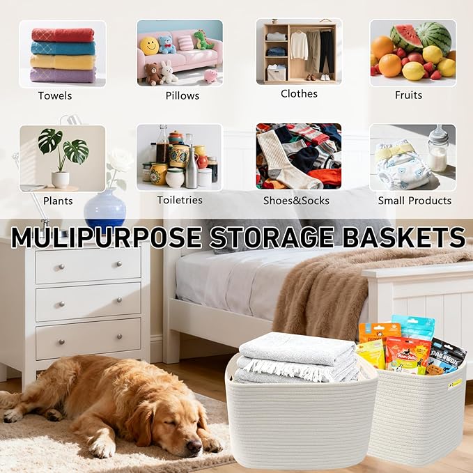 3 Pack Woven Rope Storage Baskets for Organizing,13.5"×11"×9.5" Storage Bins for Shelves,Perfect for Toys,Books,Towels,Clothes,Empty Gift Baskets for Nursery,Living Room&Bedroom(White)