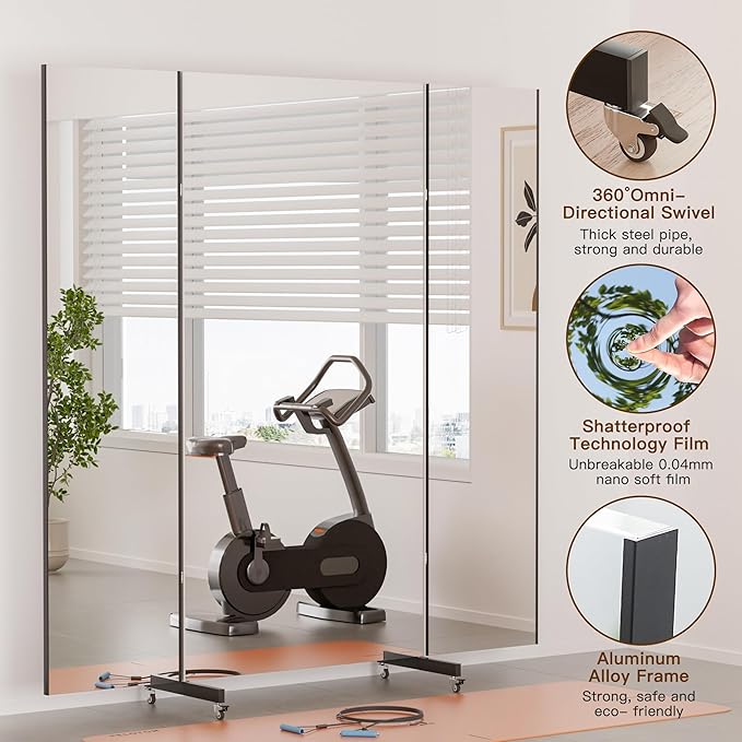 brisafe NanoMirror Non-Glass Ultra-Light Foldable Home Gym on Wheels, 79"x71" Extra Large Full Body Unbreakable Shatterproof Mirror, 360° Swivel for Yoga, Dance, Fitness Studio & Home Gym, Black