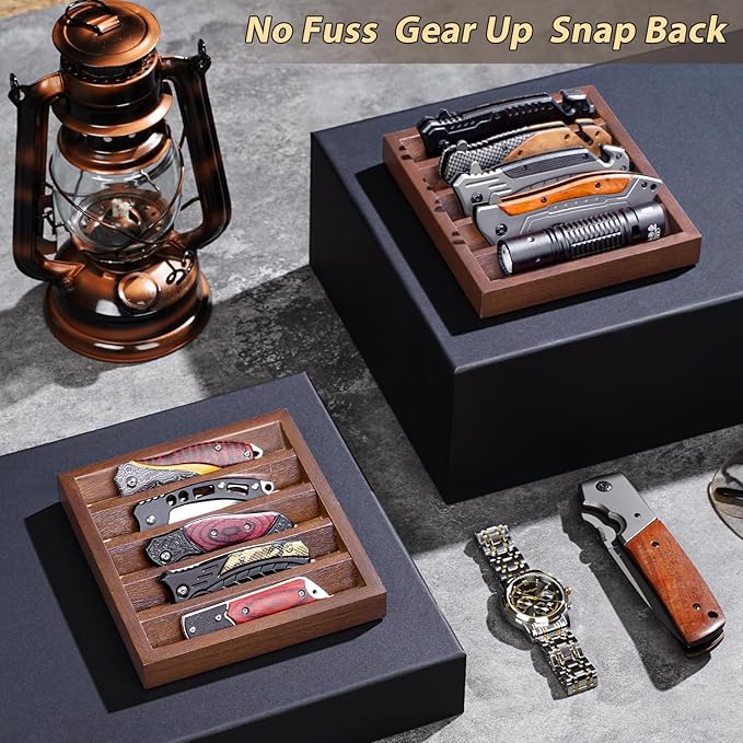 Knife Display Case Knife Holder for Pocket Knife Case Storage, Edc Tray Fits Edc Flashlight (Walnut,4 Pack)