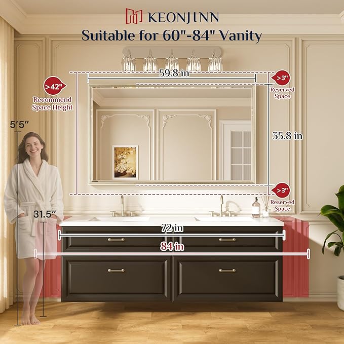 Keonjinn 60" x 36" Large Brushed Nickel Bathroom Mirror, HD Tempered Glass Beveled Edge, Aluminum Alloy Frame, Shatterproof, Silver Rectangle Vanity Wall Mirror for Over Sink, Living Room, Dining Room