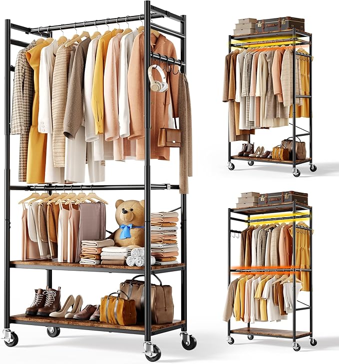 HOKEEPER Heavy Duty Rolling Clothes Rack, Metal Closet Organizer with Wood Shelves, Adjustable 70.9"-79.9" H x 39.3" W Freestanding Wardrobe for Bedroom, Max Load 450 LBS