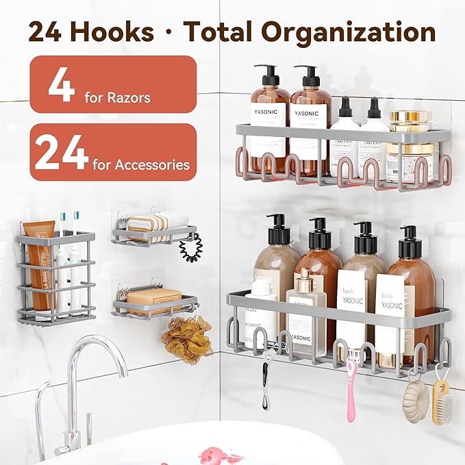 YASONIC Shower Caddy Adhesive 5-Pack, Rustproof Shower Organizer with Holder, No Drilling Shower Shelves for Inside Shower, Large Capacity Bathroom Organizers and Storage for Home & Renters, Grey