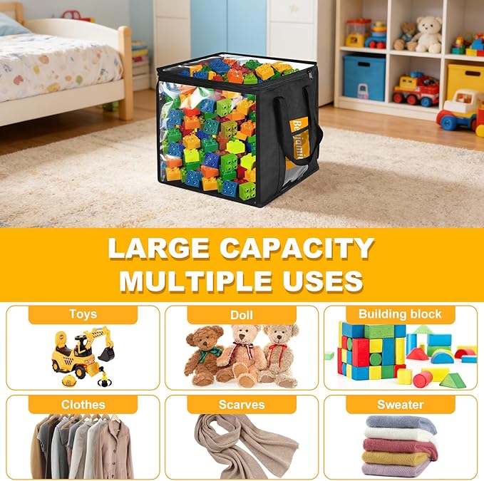 4 Pack Clear PVC Storage Bins with Handles - 12" x 12" Cube Storage Bins Foldable Transparent Storage Box, PVC Organizer Boxes for Clothes, Toys and Stuffed Animal Storage (Black)