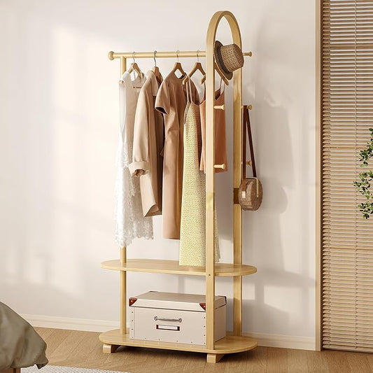 31.5" Wide 3-in-1 Freestanding Clothing Rack.Wooden Coat Rack with 2 Shelves and 6 Hooks,Solid Rubber Wood Coat Rack with Shelves for Entryway, Bedroom, Living Room, Natural