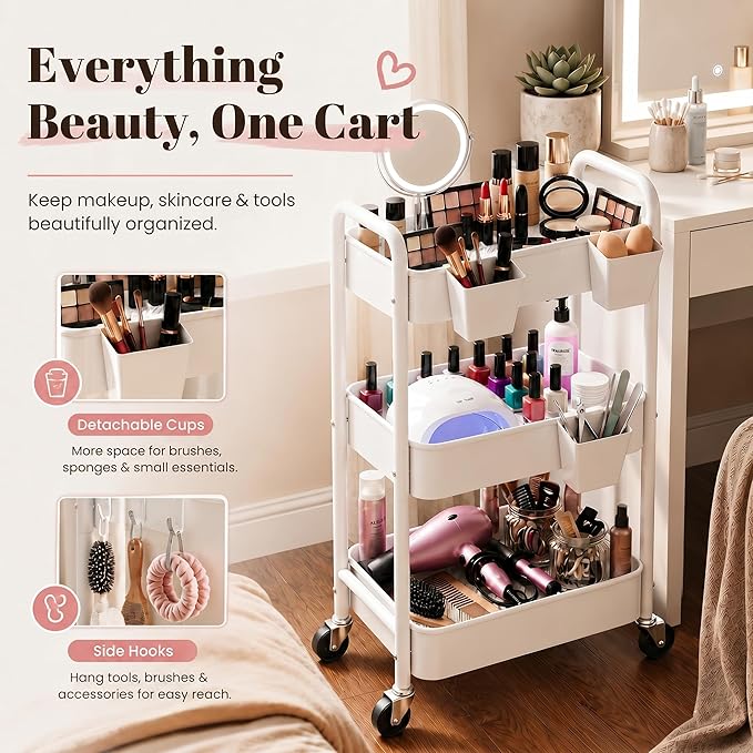 3 Tier Rolling Cart Metal with Wheels, White Three Tiered Craft Cart Organizer on Wheels, Storage Utility Carts for Art, Baby Nursery,Diaper Caddy, Cleaning Supplies, Nail,Lash,Snack,Book,Roller Shelf