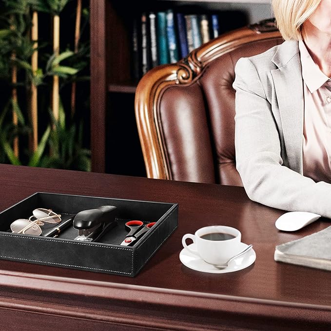 SITHON Valet Tray Desk Organizer, PU Leather Catchall Bedside Vanity Tray Nightstand Caddy Coin Box Key Jewelry Storage Organizer, Graduation, Black