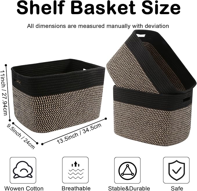 3 Pack Woven Rope Storage Baskets for Shelves,13.5"×11"×9.5" Storage Bins with Handles,Empty Gift Baskets,Nursery Organizer for Toys,Towels,Books,Closet,Living Room,Bedroom (Black&Jute)