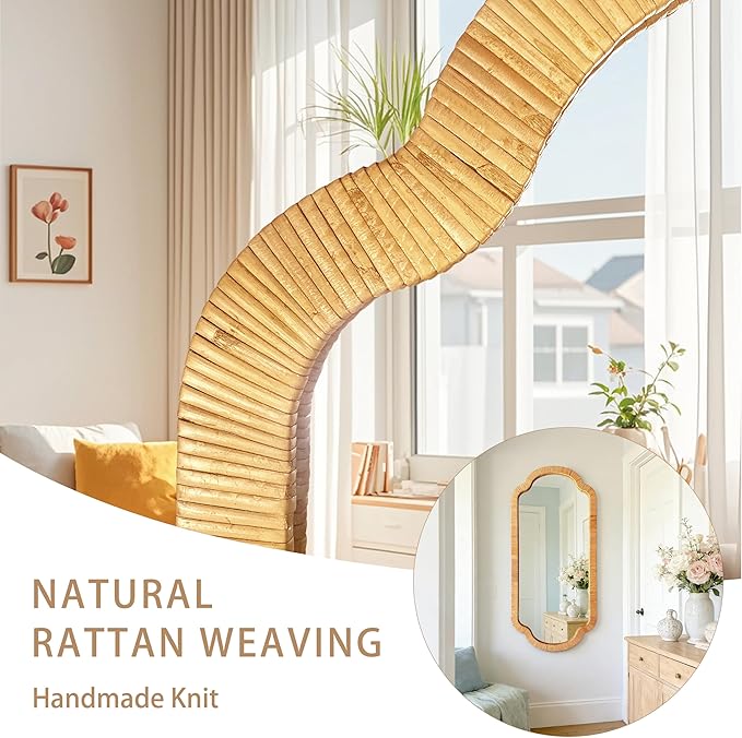 BAODANFU Rattan Wall Mirror,18" x 40" Handwoven Scalloped Decorative Mirrors, Boho Wicker Vanity Mirror for Bedroom, Dressing Closet Living Dining Room, Decor of Entryway Hallway Stairwell