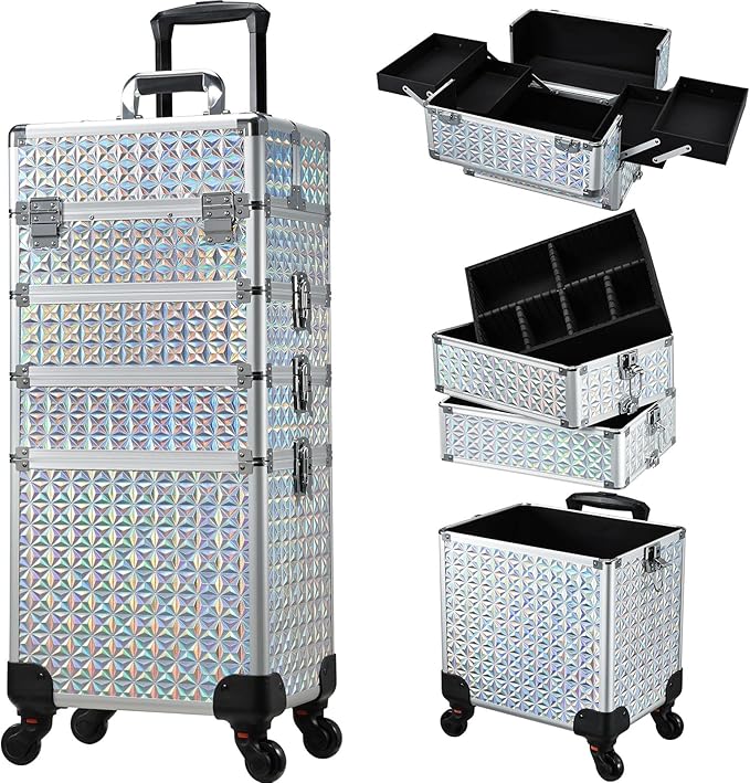 Stagiant Rolling Makeup Case Cosmetology Case on Wheels 4 in 1 Large Cosmetic Organizer Train Case Makeup Travel Case with Key Nail Artist Salon Storage Traveling Cart Big Trunk Shiny Silver