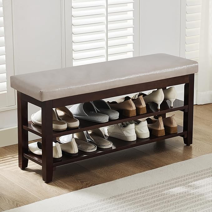 40" Shoe Bench with Leather Cushion, 2-Tier Shoe Rack Entryway Bench, Wood Bench for Front Door Entrance, Mudroom, Hallway, Wooden Shoe Shelves, Shoe Organizer, Shoe Storage, Grey
