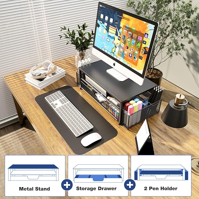 OPNICE Desk Organizer and Accessories, 2-Tier Computer Monitor Stand Riser with Drawer and 2 Pen Holders, Laptop Stand, Office Desk Accessories for Office Supplies, Black