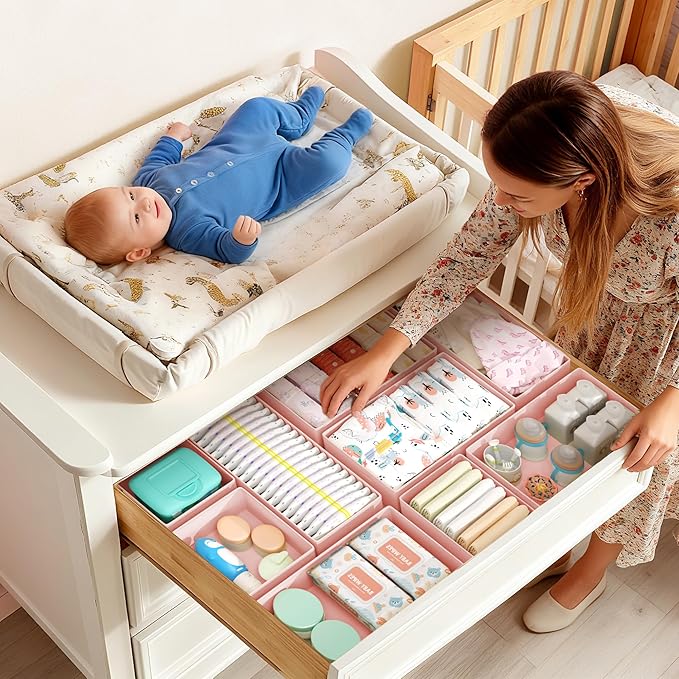 DIMJ Drawer Organizer Clothes Storage - 18 Pack Baby Dresser Organizer for Nursery, Foldable Drawer Dividers for Bedroom Closet Organization, Fabric Storage Bins for Socks, Underwears, Bras