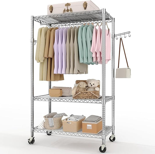 3-Tier Rolling Metal Garment Rack with Adjustable Shelves and One Hanging Rods, Heavy Duty Freestanding Clothing Organizer with Wheels for Bedroom, Closet, Dorm, or Laundry Room