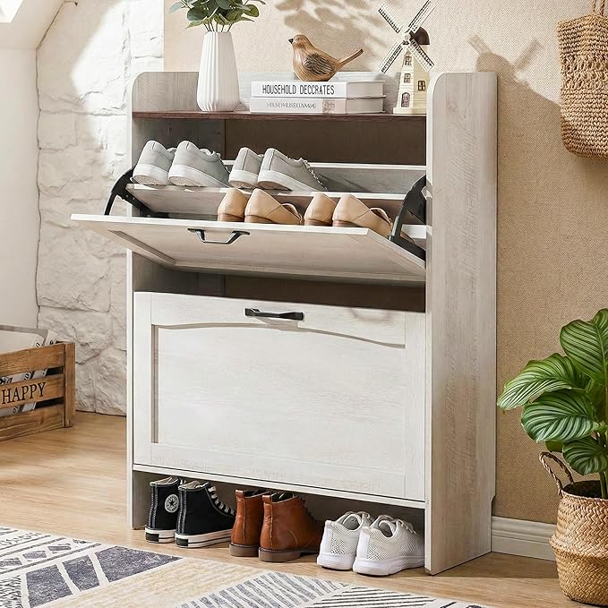 Shoe Storage Cabinet with 2 Flip Drawers and Adjustable Shelves, 31.5“W Farmhouse Hidden Shoe Storage, Narrow Shoe Cabinet Storage for Entryway, Hallway, Warm Grayish White