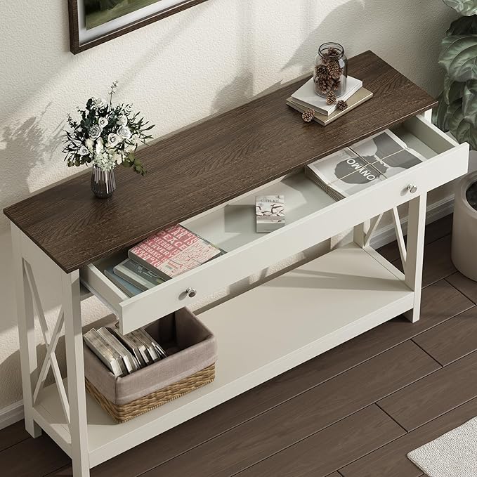 Treocho 47" Farmhouse Console Table with Drawer and Storage Shelves, Foyer Sofa Table Narrow for Entryway, Living Room, Hallway, Antique White & Brown