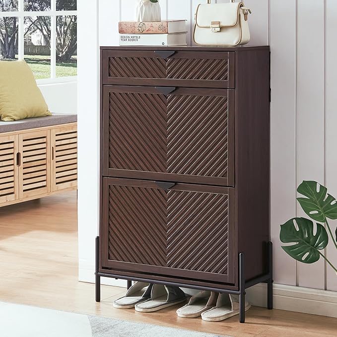Shoe Cabinet Storage with 2 Flip Drawers, Narrow Hidden Shoes Organizer Cabinet for Entryway, Freestanding Slim Shoe Rack Front Door Entrance(Brown)