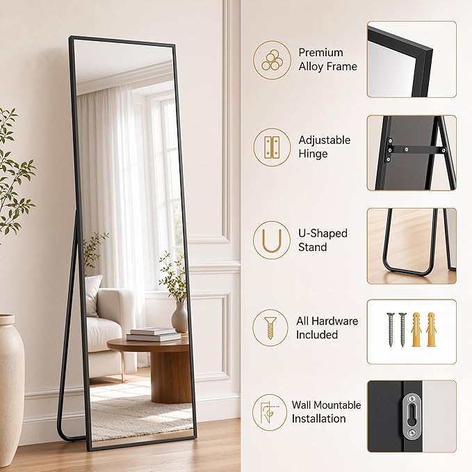 Antok Full Length Mirror, 81"x41" Floor Mirror with Stand, Hanging Mounted Mirrors for Bedroom, Living Room, Cloakroom, Dining Room, Black, Rect