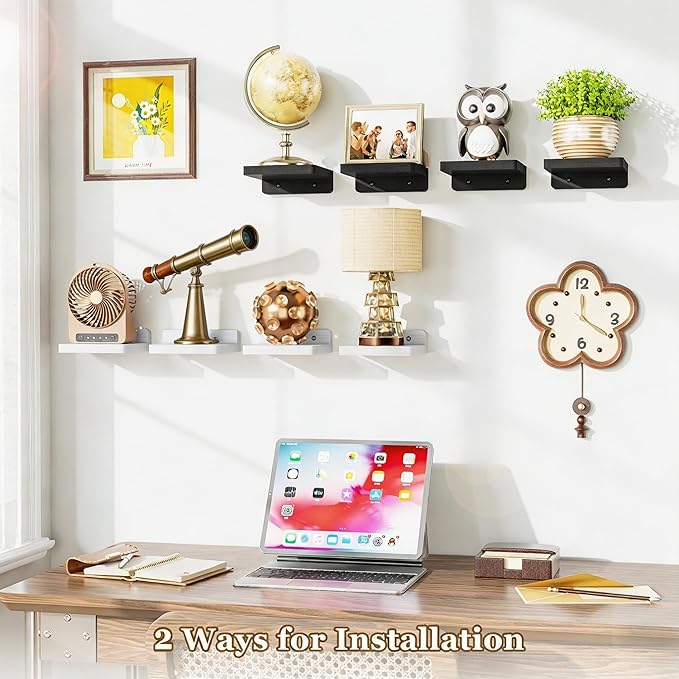 SRIWATANA Small Floating Shelves Wall Mounted, Wood Shelf for Decoration and Storage Set of 4, Mini Display Shelf for Bedroom, Bathroom, Kitchen, Office (White, 5 inch)