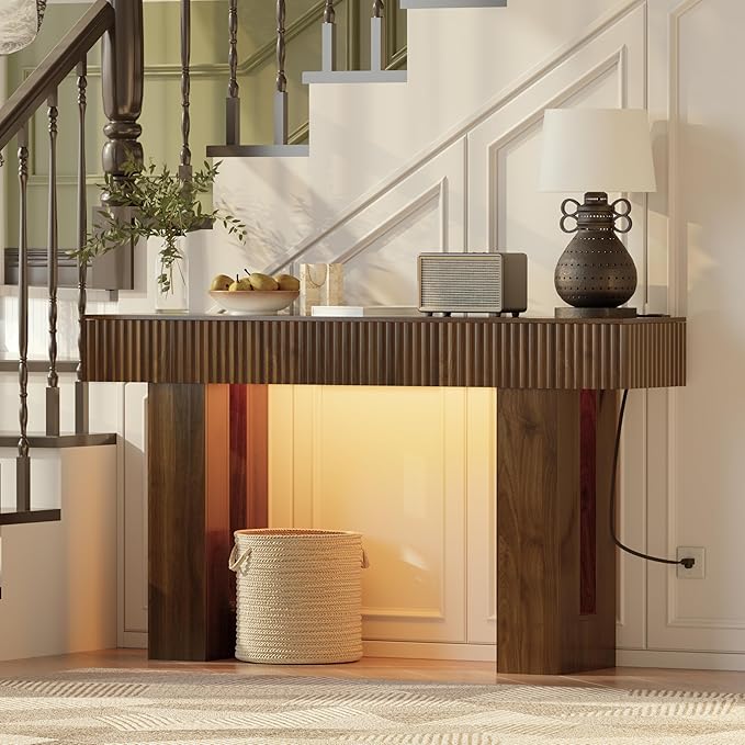 60-Inch Long Entryway Table with Built-in Power Outlet and App & Button-Controlled RGB Light, Thick Wood Farmhouse Console Table for Behind Sofa, Narrow Hallway, Living Room, Foyer, Entrance, Walnut