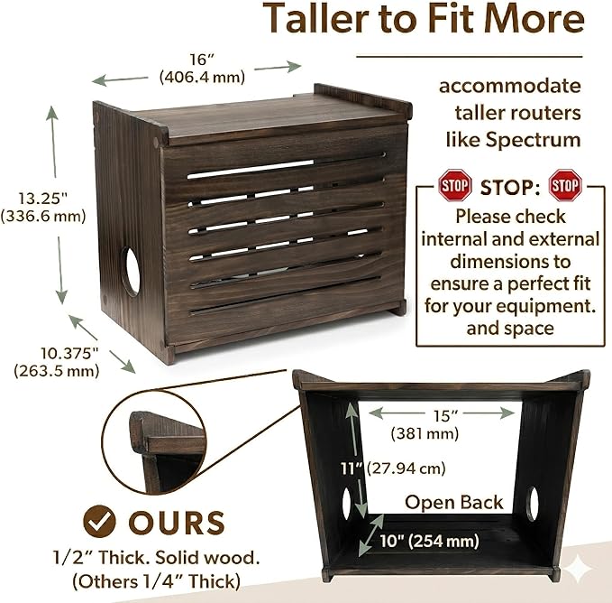 Wooden WiFi Router Storage Box - Deluxe Wall Mountable Decorative Modem Shelf Hider Cover with Cable Management System Home Organization Solution for Routers Up to 11" Tall - Espresso Brown