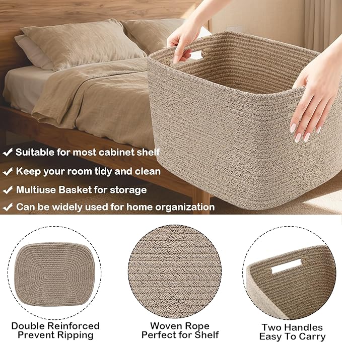 3 Pack Woven Rope Storage Baskets for Organizing,13.5"×11"×9.5"Storage Bins for Shelves,Perfect for Toys,Books,Towels,Clothes,Empty Gift Baskets for Nursery,Living Room&Bedroom(Mix Brown)