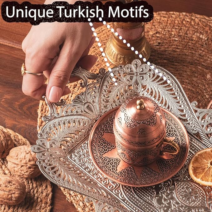Small Silver Turkish Metal Coffee Tea Serving Tray Table Home Decor Decorative Handles - Fancy Vintage Brass Mini Rustic Retro Wedding Antique Style Traditional Counter Kitchen Tray